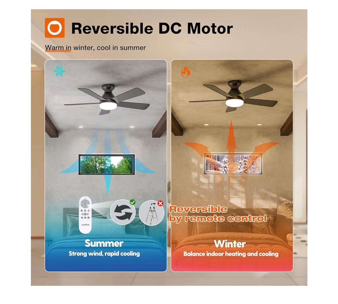 Addlon Ceiling Fans with Lights, 42 Inch Low Profile Ceiling Fan with Light and Remote Control, Flush Mount, Reversible, 3CCT, Dimmable, Quiet