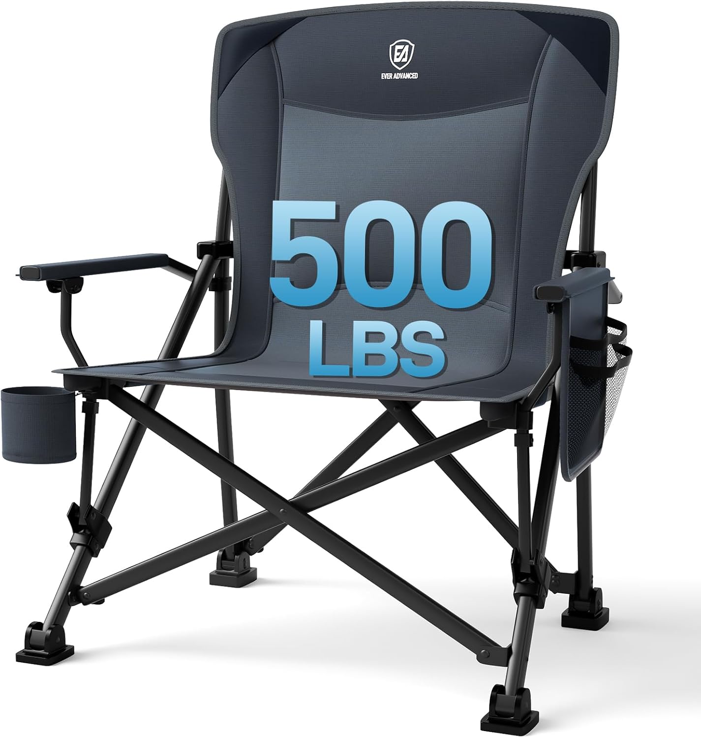 EVER ADVANCED Oversized Folding Camping Chair, for Adults Heavy Duty Lawn Chair with Side Pockets, Portable Collapsible Quad Chair for Outside, Support Up to 500lbs