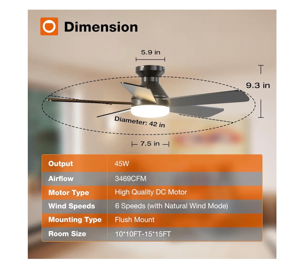 Addlon Ceiling Fans with Lights, 42 Inch Low Profile Ceiling Fan with Light and Remote Control, Flush Mount, Reversible, 3CCT, Dimmable, Quiet
