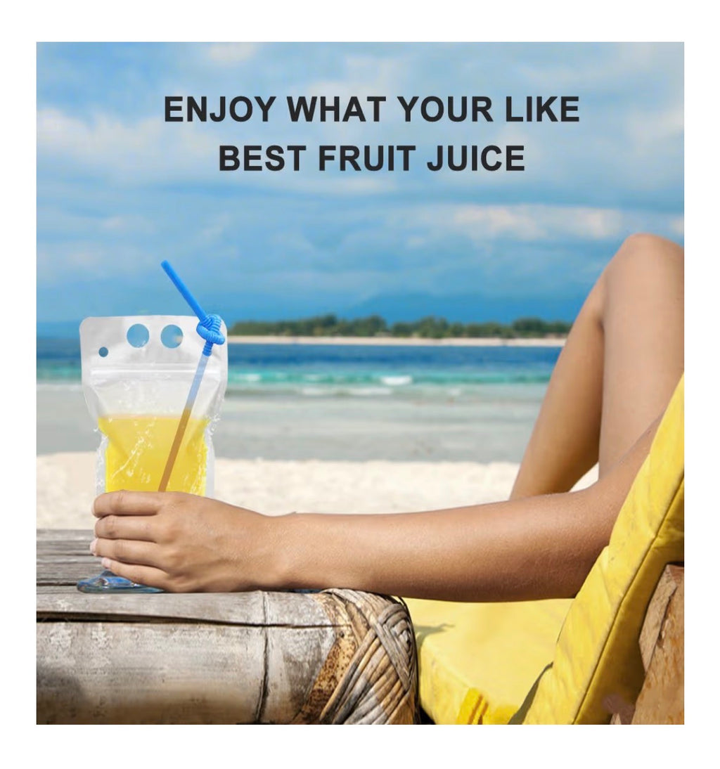 100 Pcs Drink Pouches with 100 Straw Holes, Freezable Juice Pouches, Translucent Reclosable Zipper Plastic Pouche Drink Bags for Cold & Hot Drinks