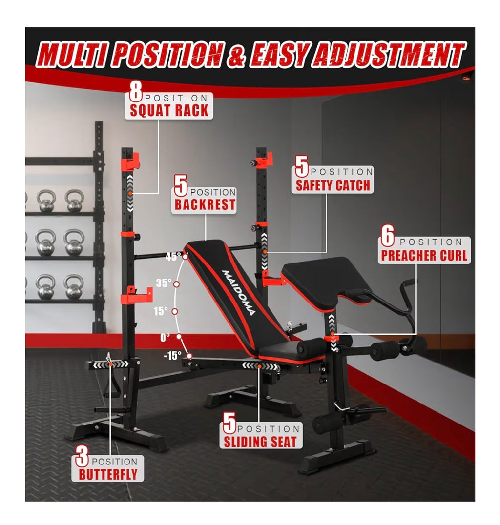 1500LBS 8 in 1 Weight Bench Set with Leg Extension/Curl and Preacher Curl, Bench Press Set and Barbell Rack with Safety Bar Catches,