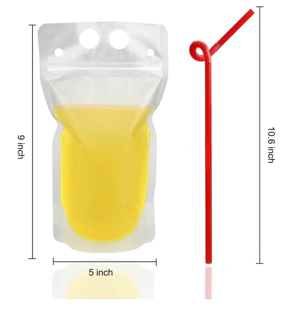 100 Pcs Drink Pouches with 100 Straw Holes, Freezable Juice Pouches, Translucent Reclosable Zipper Plastic Pouche Drink Bags for Cold & Hot Drinks