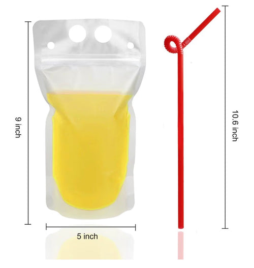 100 Pcs Drink Pouches with 100 Straw Holes, Freezable Juice Pouches, Translucent Reclosable Zipper Plastic Pouche Drink Bags for Cold & Hot Drinks
