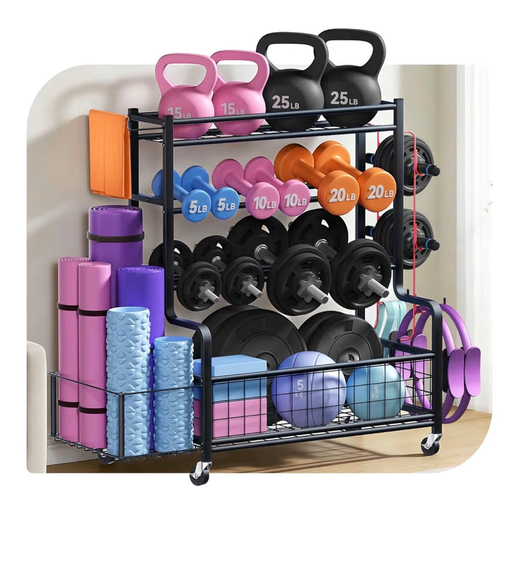 4 Tiers Large Capacity Dumbbell Rack [Thickened High-Strength Steel] Home Gym Storage for Dumbbells Kettlebells Yoga Mat and Balls