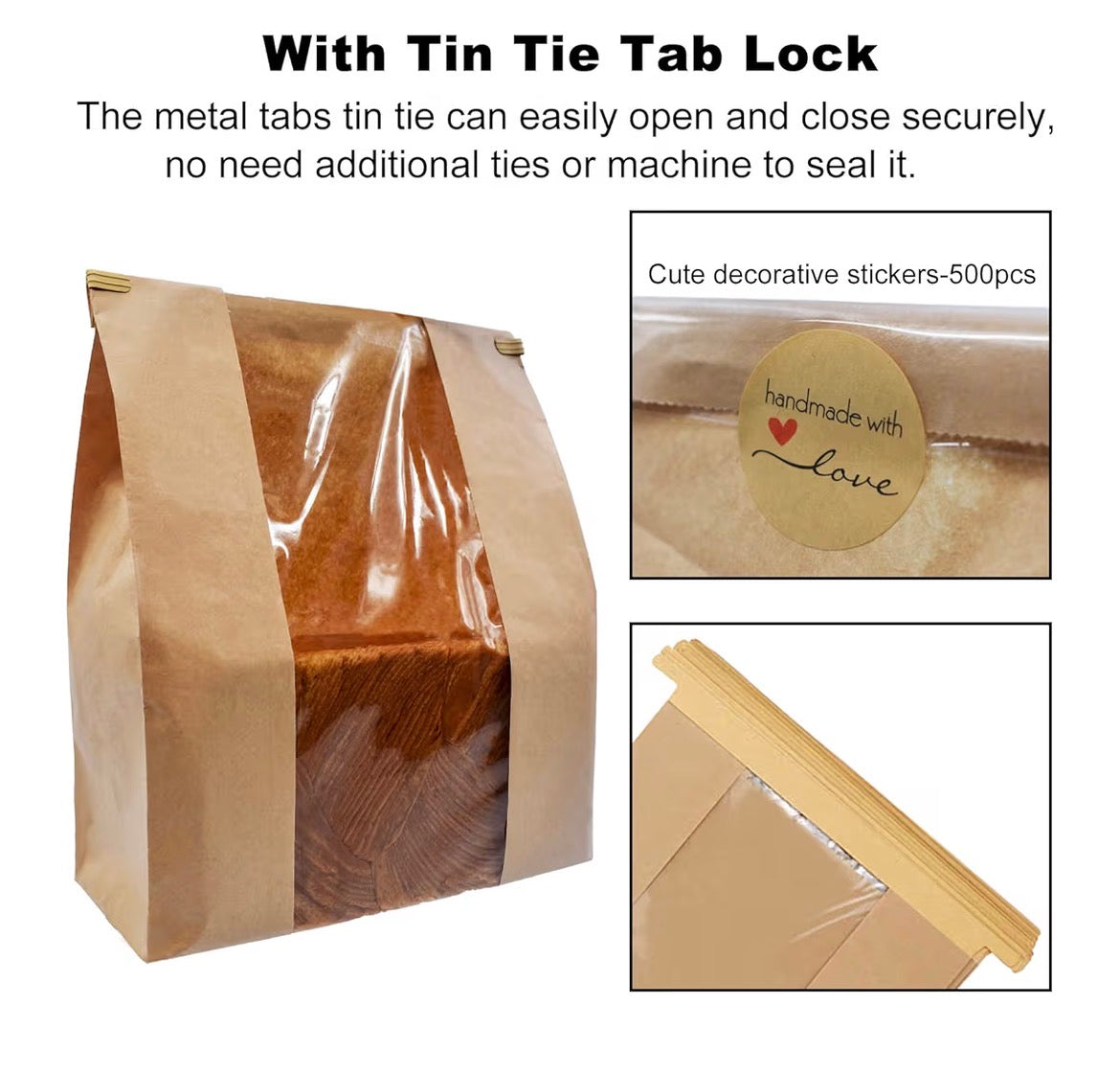 100 Pack Large Paper Bread Bags for Homemade Bread Sourdough Bags 14" x 8.3" x 3.5" with Tin Tie Tab Lock Clear Front Window Bakery Bag Packaging Cookie Bag with Label Seal Stickers