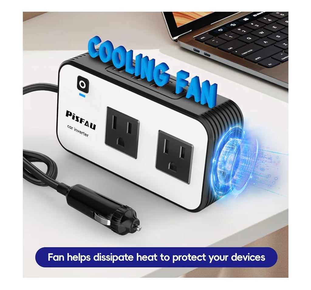 200W Car Power Inverter, PiSFAU DC 12V to 110V AC Car Plug Adapter Outlet with [20W USB-C] /USB-Fast Charger(18W) / 4.8A Dual USB/car Charger for Laptop