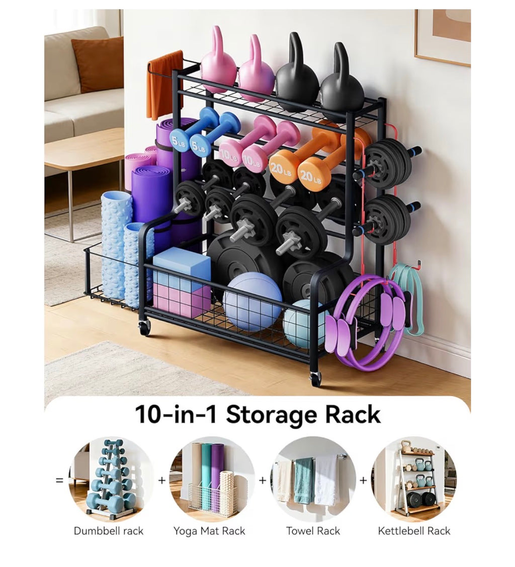 4 Tiers Large Capacity Dumbbell Rack [Thickened High-Strength Steel] Home Gym Storage for Dumbbells Kettlebells Yoga Mat and Balls