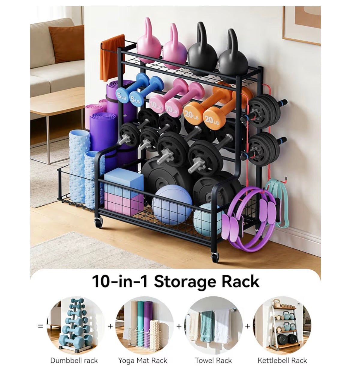 4 Tiers Large Capacity Dumbbell Rack [Thickened High-Strength Steel] Home Gym Storage for Dumbbells Kettlebells Yoga Mat and Balls