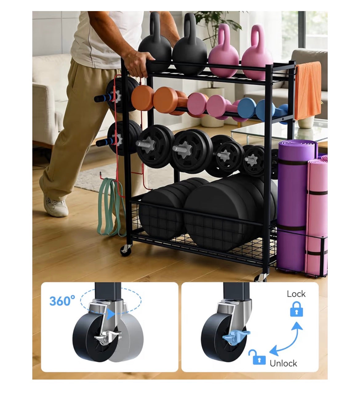 4 Tiers Large Capacity Dumbbell Rack [Thickened High-Strength Steel] Home Gym Storage for Dumbbells Kettlebells Yoga Mat and Balls