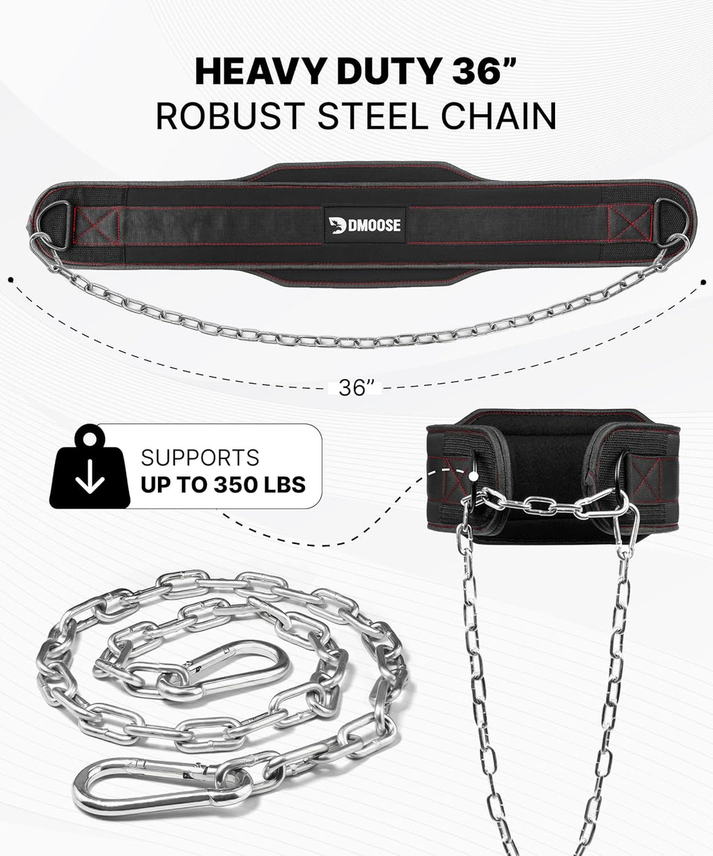 DMoose Fitness Dip Belt for Weight Lifting, Pullup, Squats & Dips - 36" Robust Steel Chain, Comfortable Neoprene Padding Supports 350lbs - Gym Weight Belt for Strength Training Workout & Weightlifting