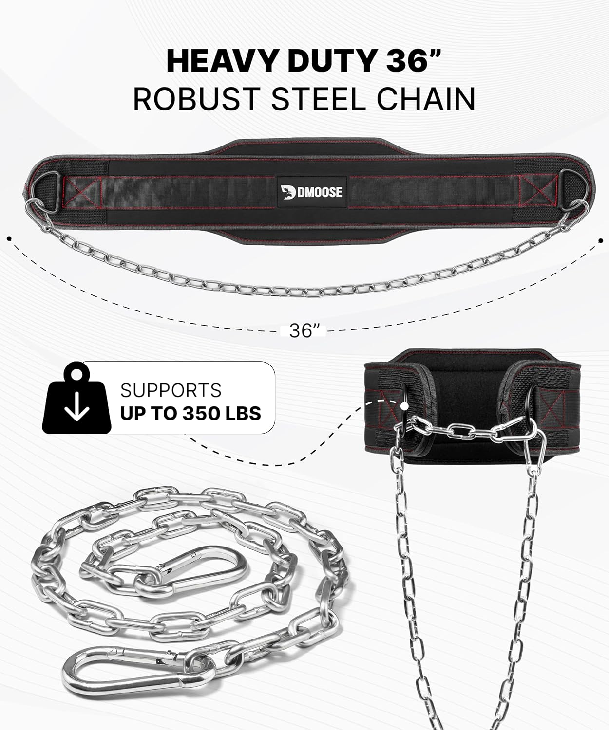 DMoose Fitness Dip Belt for Weight Lifting, Pullup, Squats & Dips - 36" Robust Steel Chain, Comfortable Neoprene Padding Supports 350lbs - Gym Weight Belt for Strength Training Workout & Weightlifting