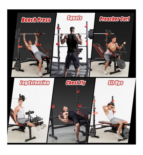 1500LBS 8 in 1 Weight Bench Set with Leg Extension/Curl and Preacher Curl, Bench Press Set and Barbell Rack with Safety Bar Catches,