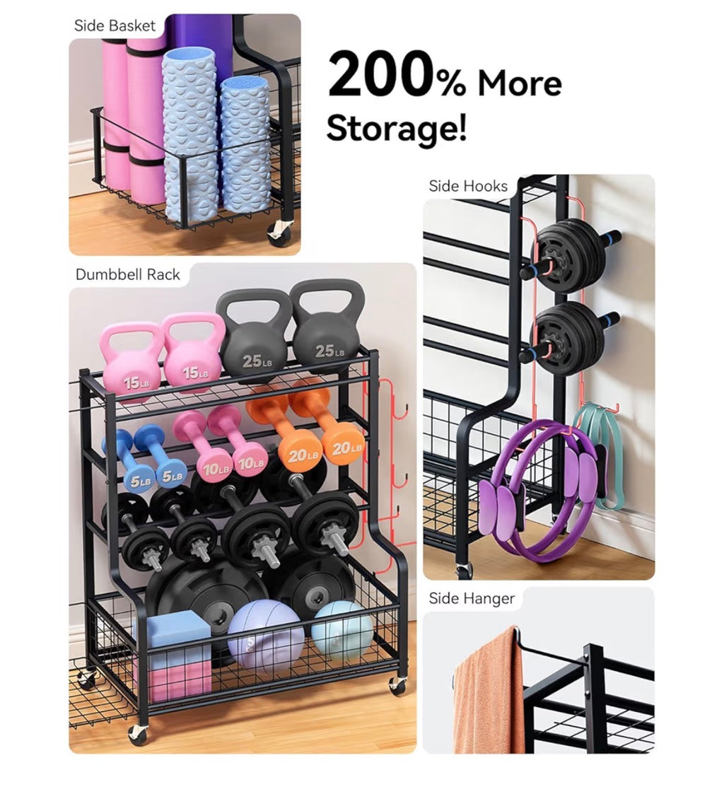 4 Tiers Large Capacity Dumbbell Rack [Thickened High-Strength Steel] Home Gym Storage for Dumbbells Kettlebells Yoga Mat and Balls
