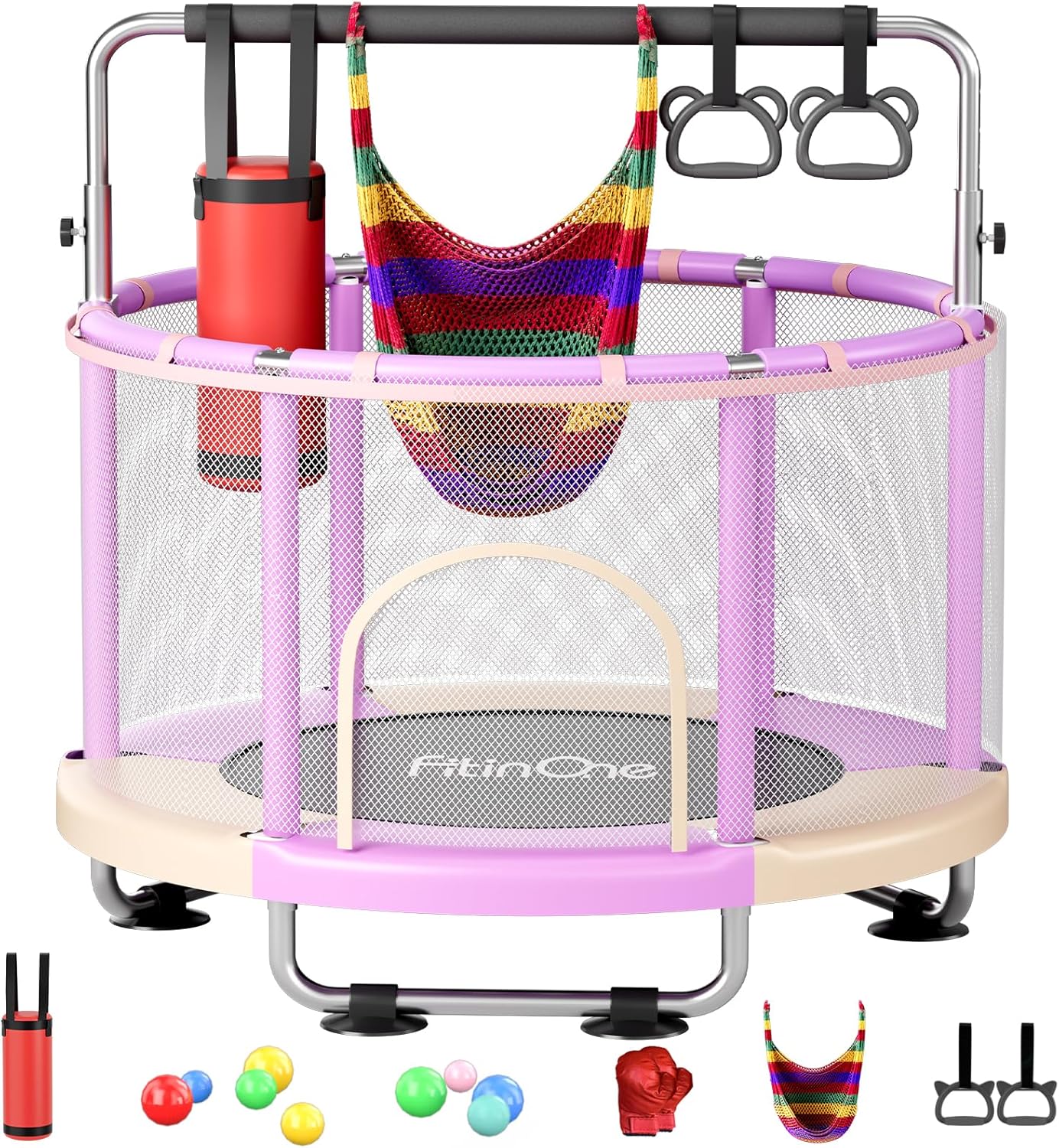 55" Toddler Mini Trampoline for Kids, Indoor Outdoor Toys with Swing, 440lbs Baby Kids Trampoline, Gymnastics Bar