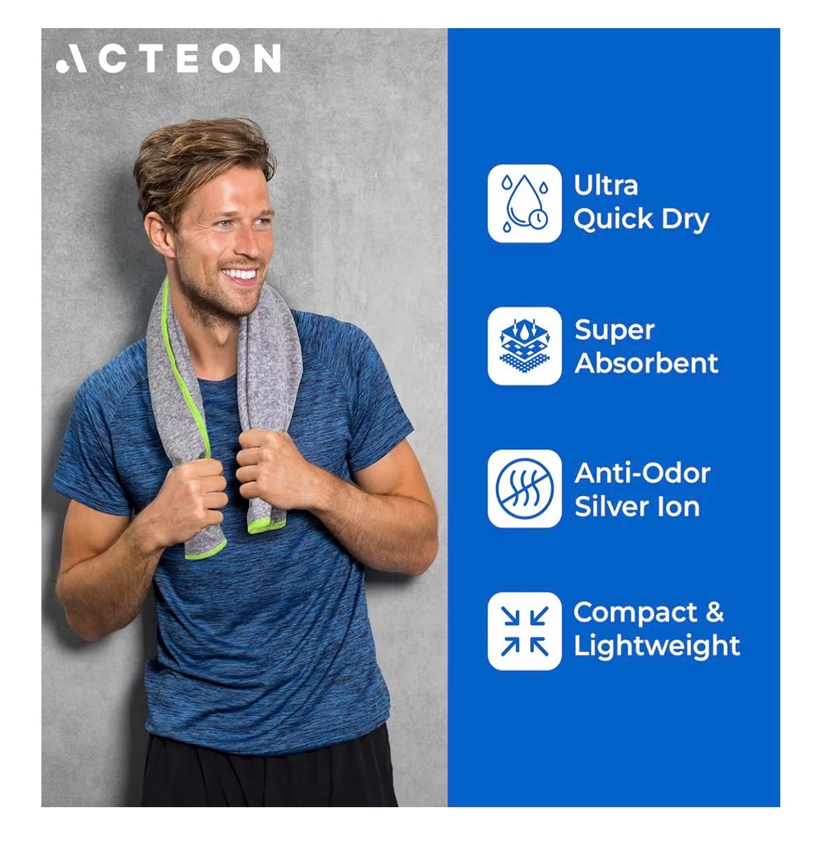 Acteon Microfiber Gym Towels 5 Pack, Quick Dry Silver ION Odor-Free Sweat Towel, Super Absorbent Fast Drying for Men & Women, Workout, Yoga, Running, Hiking, Travel – 16x30.5 Inch