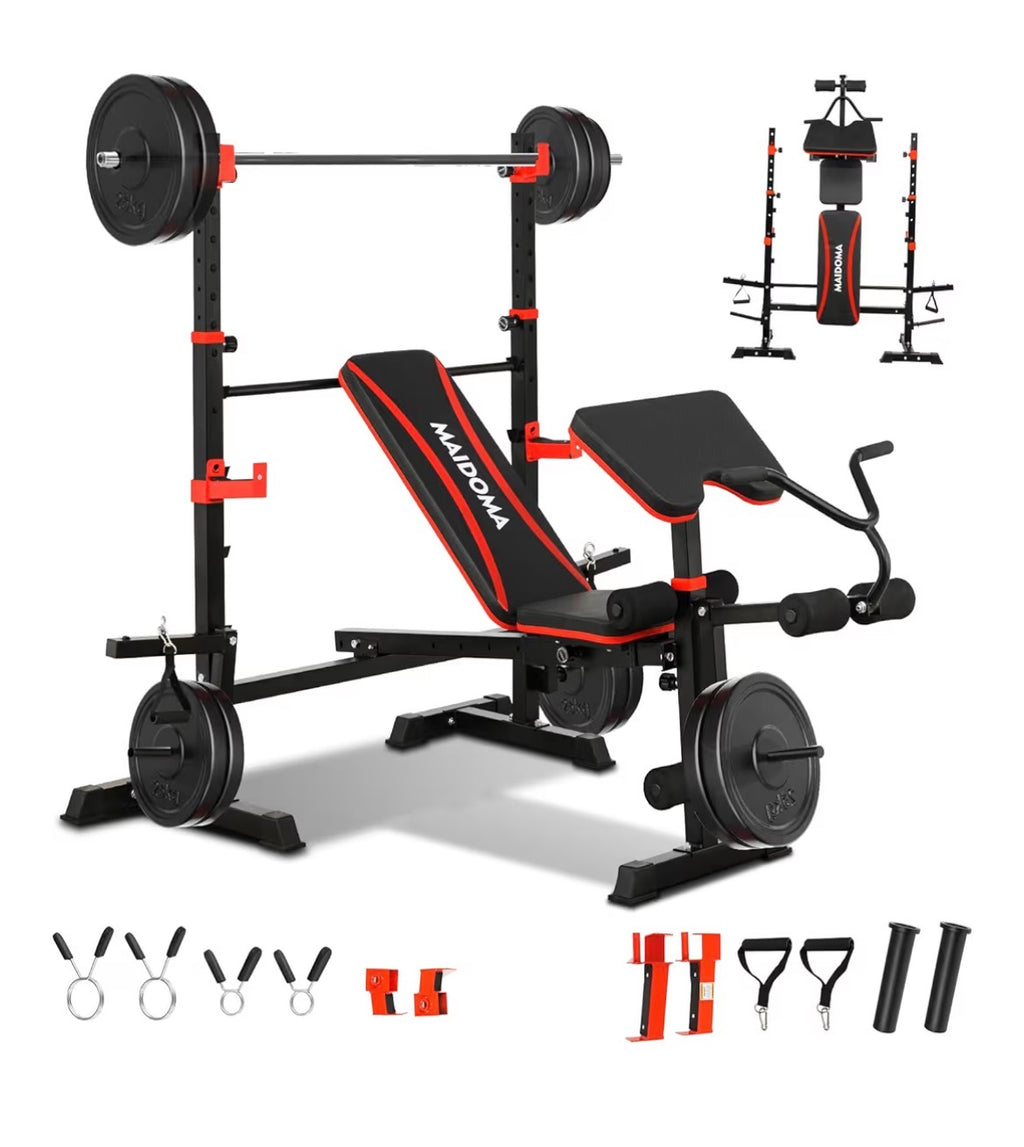 1500LBS 8 in 1 Weight Bench Set with Leg Extension/Curl and Preacher Curl, Bench Press Set and Barbell Rack with Safety Bar Catches,