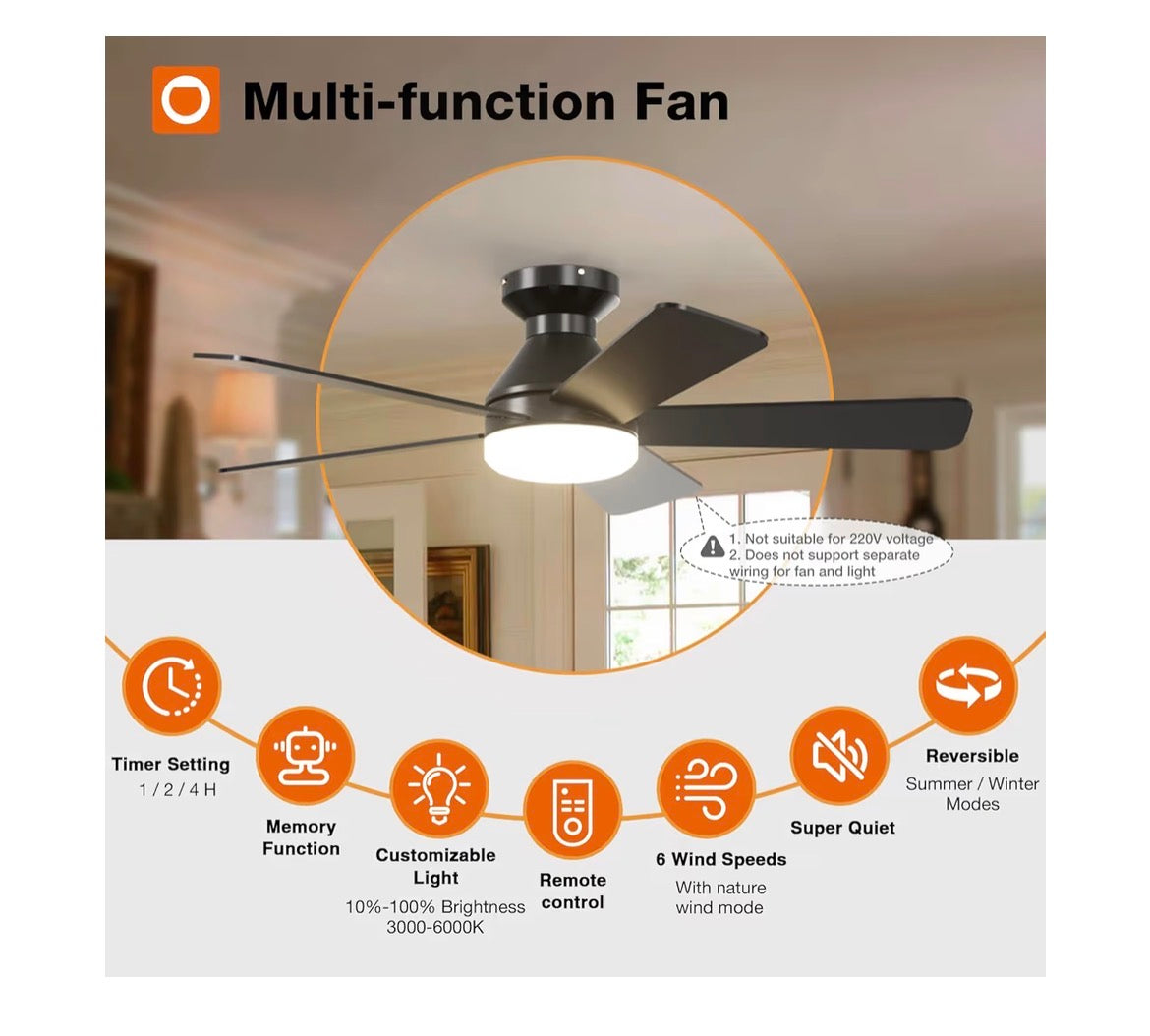 Addlon Ceiling Fans with Lights, 42 Inch Low Profile Ceiling Fan with Light and Remote Control, Flush Mount, Reversible, 3CCT, Dimmable, Quiet