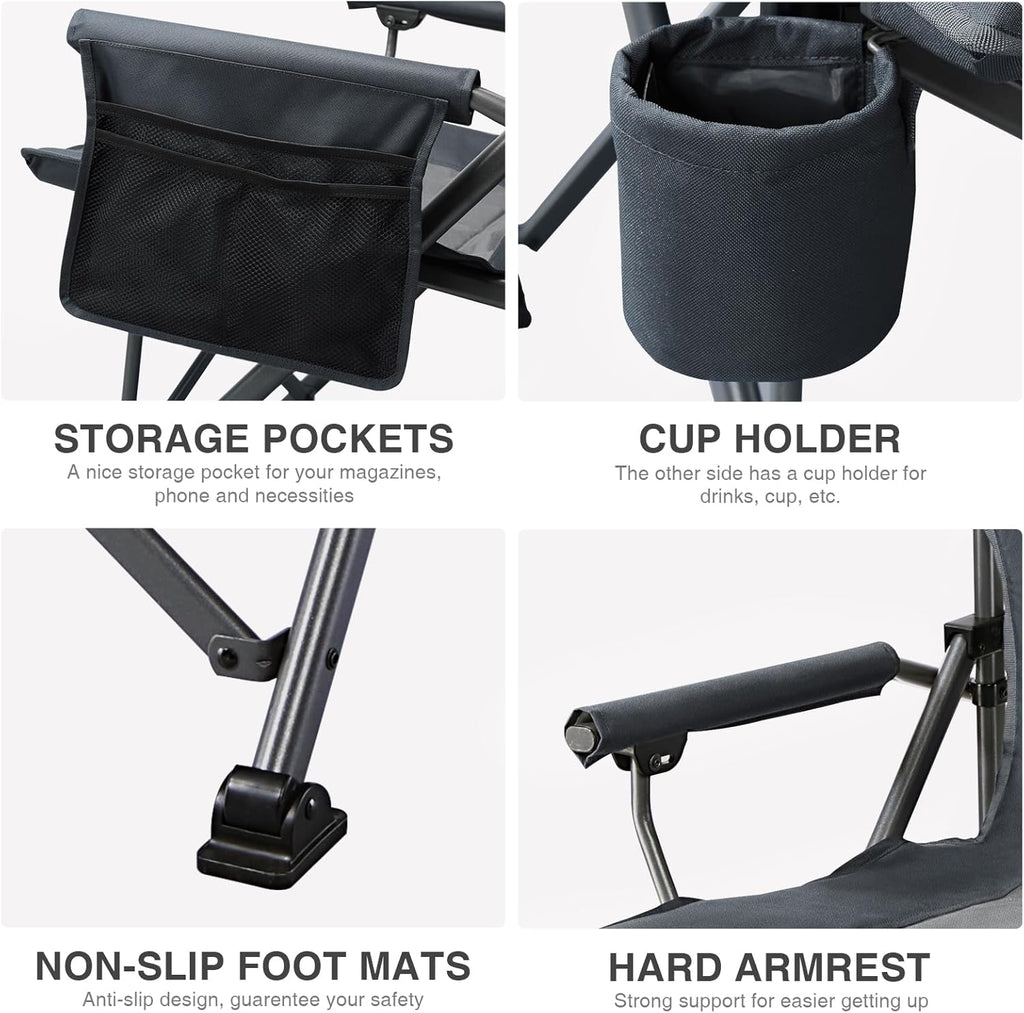 EVER ADVANCED Oversized Folding Camping Chair, for Adults Heavy Duty Lawn Chair with Side Pockets, Portable Collapsible Quad Chair for Outside, Support Up to 500lbs