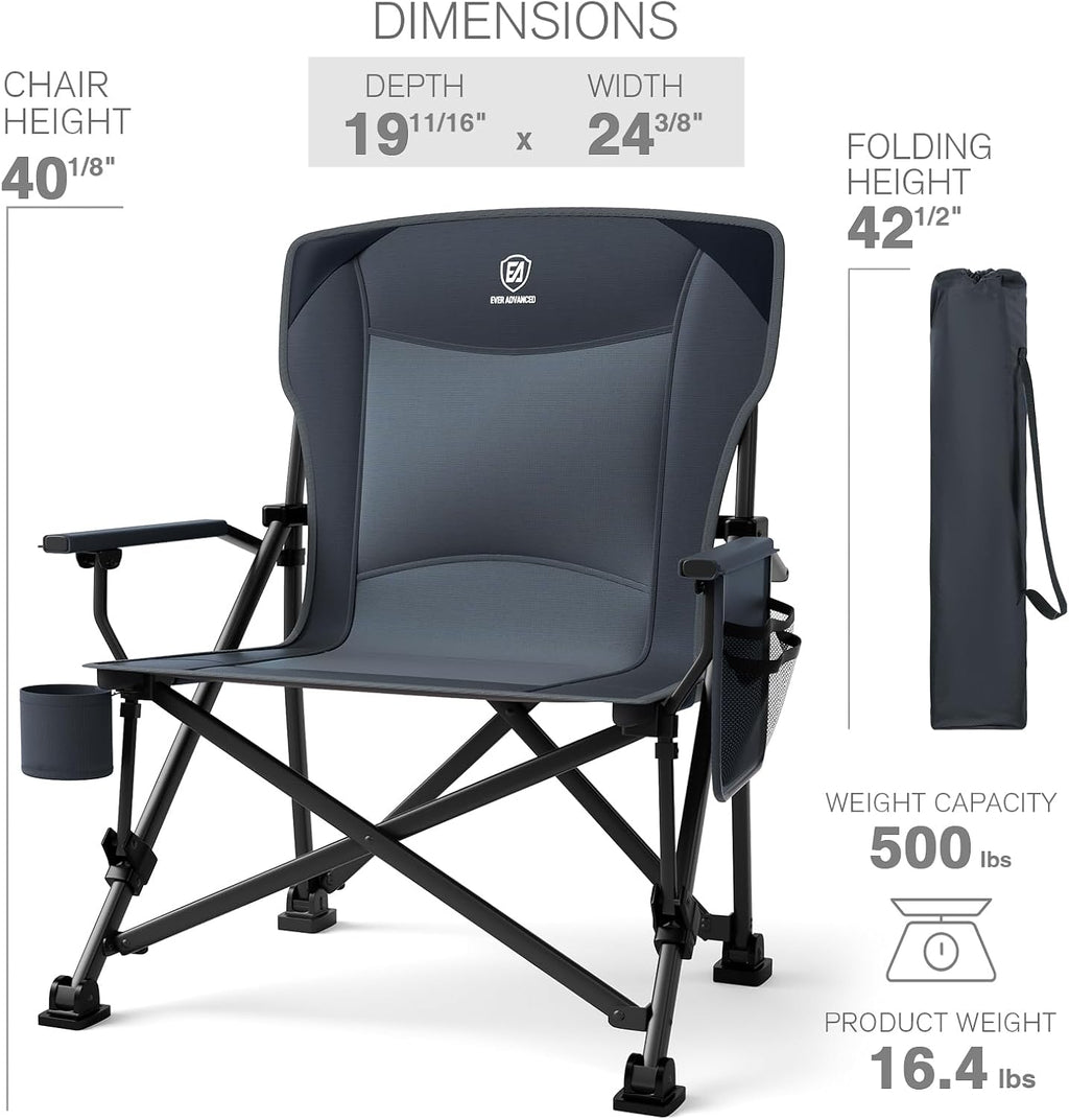 EVER ADVANCED Oversized Folding Camping Chair, for Adults Heavy Duty Lawn Chair with Side Pockets, Portable Collapsible Quad Chair for Outside, Support Up to 500lbs