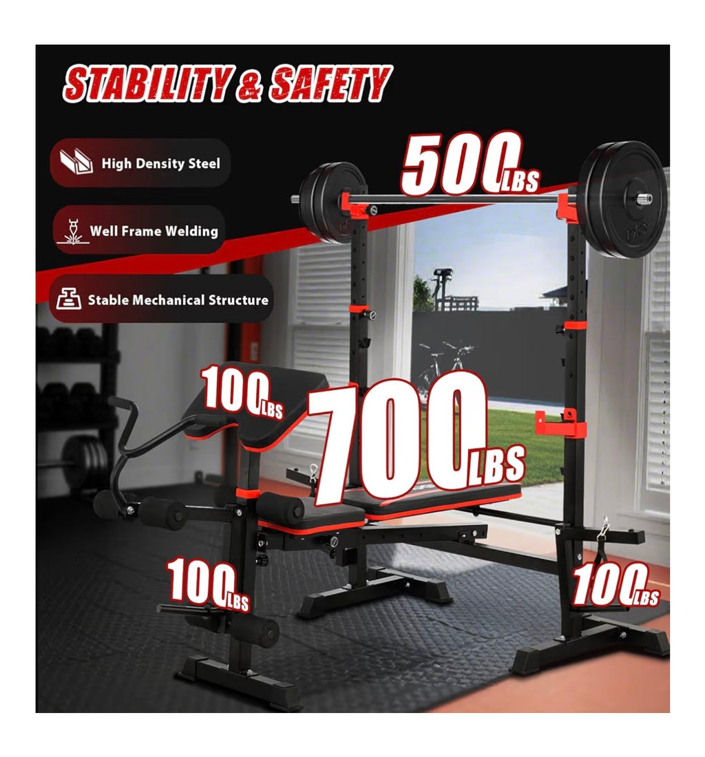 1500LBS 8 in 1 Weight Bench Set with Leg Extension/Curl and Preacher Curl, Bench Press Set and Barbell Rack with Safety Bar Catches,