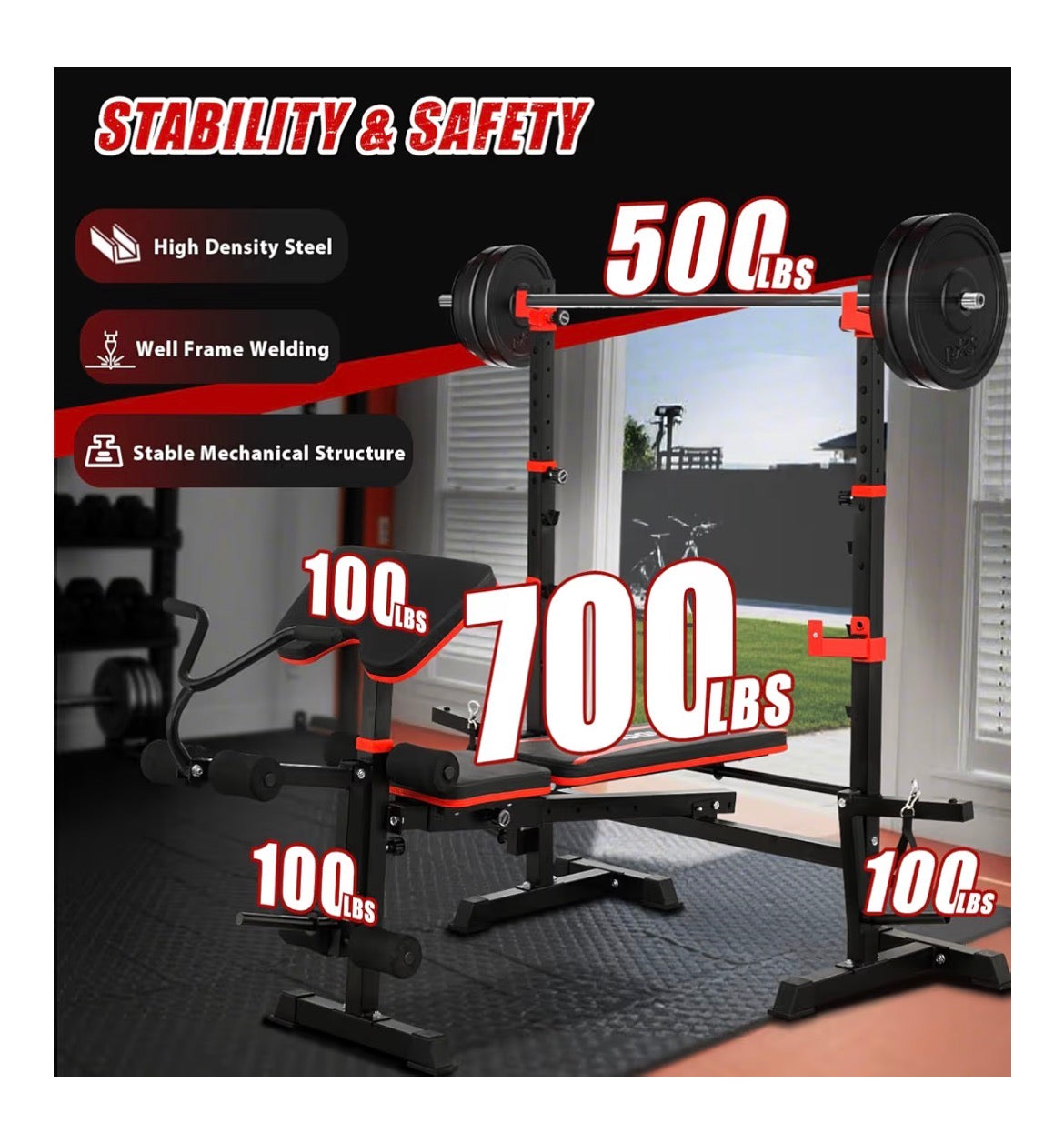 1500LBS 8 in 1 Weight Bench Set with Leg Extension/Curl and Preacher Curl, Bench Press Set and Barbell Rack with Safety Bar Catches,