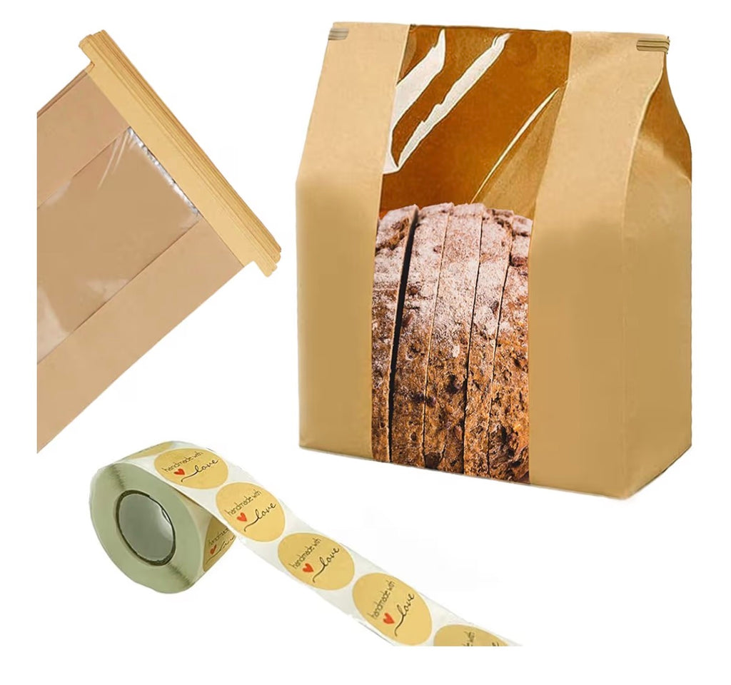 100 Pack Large Paper Bread Bags for Homemade Bread Sourdough Bags 14" x 8.3" x 3.5" with Tin Tie Tab Lock Clear Front Window Bakery Bag Packaging Cookie Bag with Label Seal Stickers