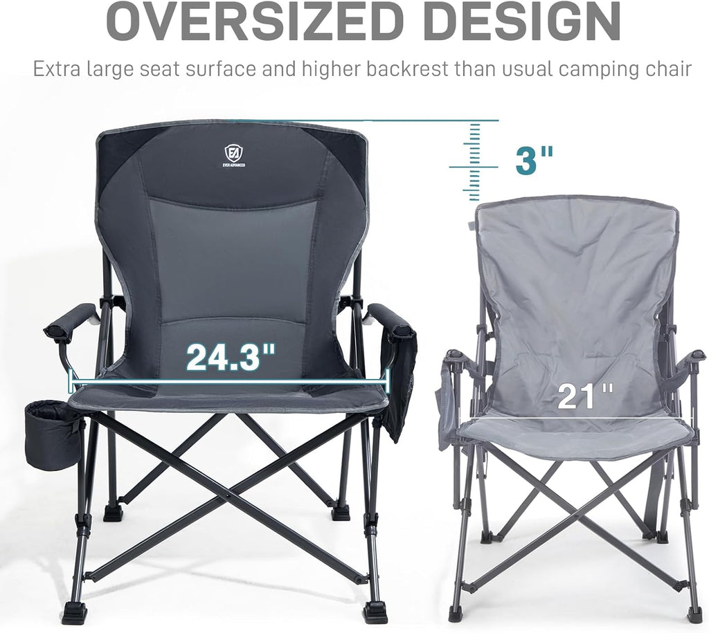 EVER ADVANCED Oversized Folding Camping Chair, for Adults Heavy Duty Lawn Chair with Side Pockets, Portable Collapsible Quad Chair for Outside, Support Up to 500lbs