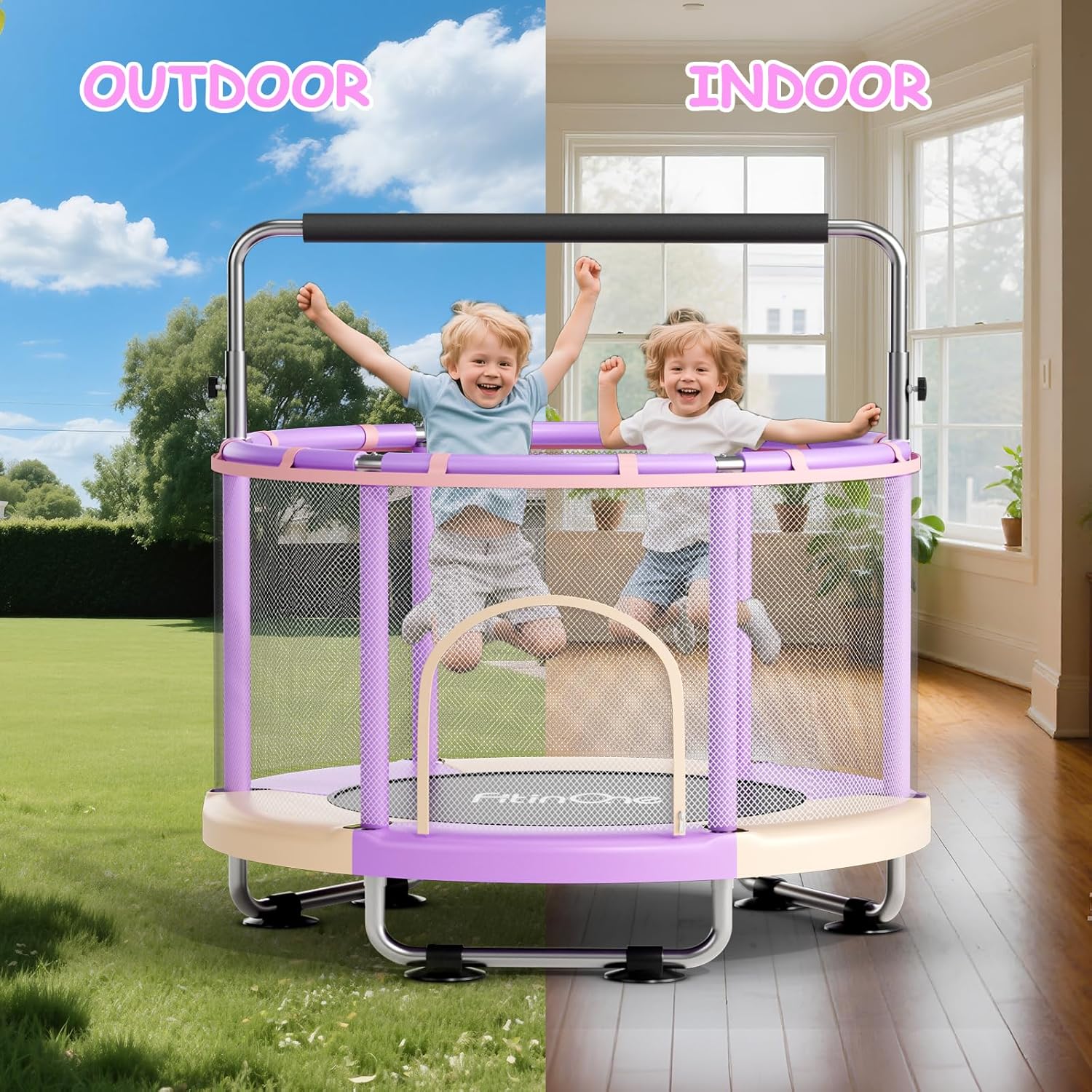 55" Toddler Mini Trampoline for Kids, Indoor Outdoor Toys with Swing, 440lbs Baby Kids Trampoline, Gymnastics Bar